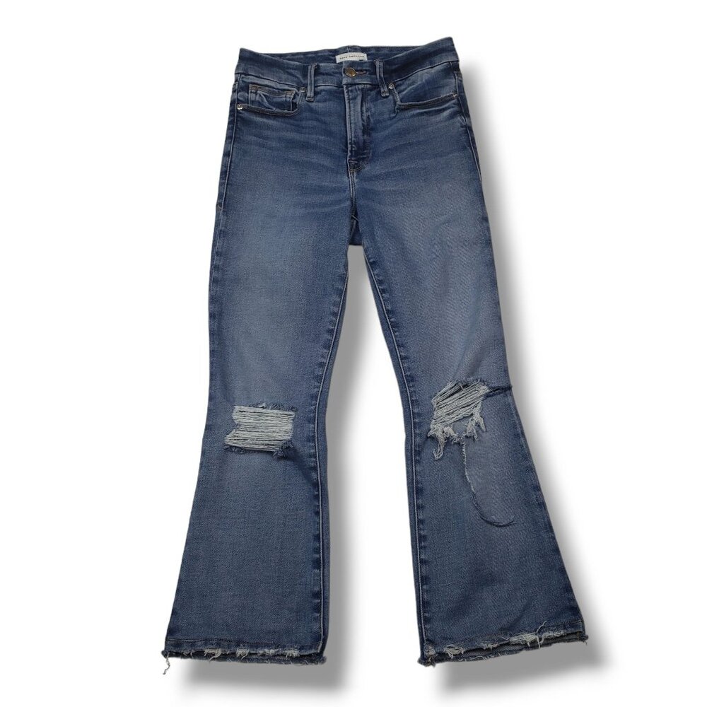 Good American Crop Mini‎ Bootcut Jeans Womens 0 RIP TEAR Good Legs Distressed